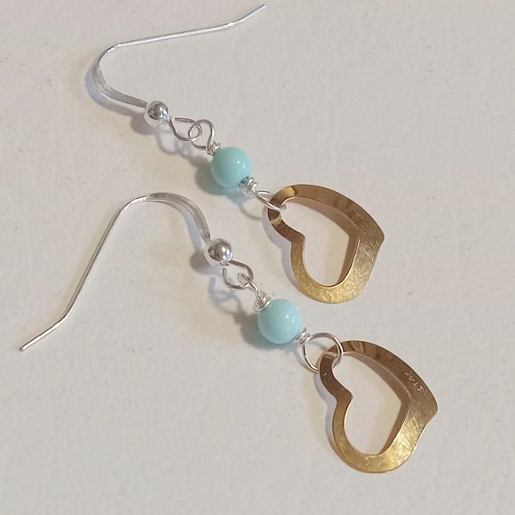 Turquoise ~ 14K YG Vintage Heart and Sterling Silver Earrings - Picture 8 of 14